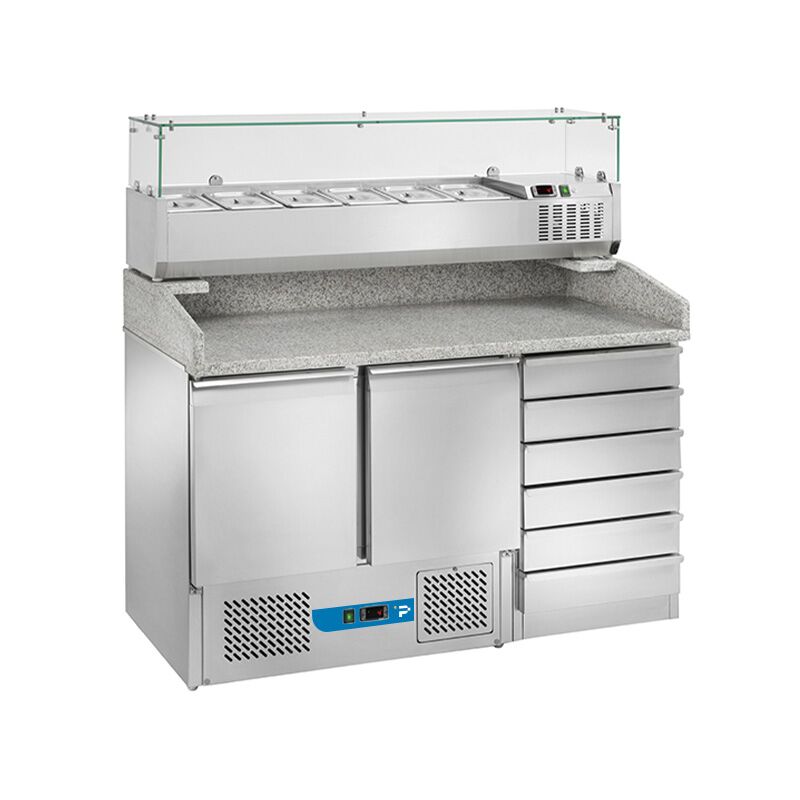 Banco pizzeria refrigerato con n&deg; 2 porte GN 1/1 + 6 cassetti e vetrinetta portagusti per 6 bacinelle GN 1/4