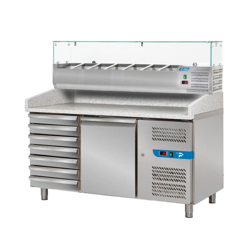 Banco pizzeria refrigerato con n&deg; 1 porta EN 60x40 + 7 cassetti e vetrinetta portagusti per 7 bacinelle GN 1/4