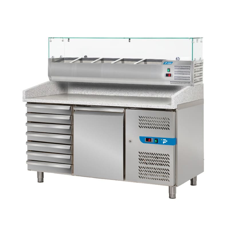 Banco pizzeria refrigerato con n&deg; 1 porta EN 60x40 + 7 cassetti e vetrinetta portagusti per 5 bacinelle GN 1/3 + 1 bacinella GN 1/2