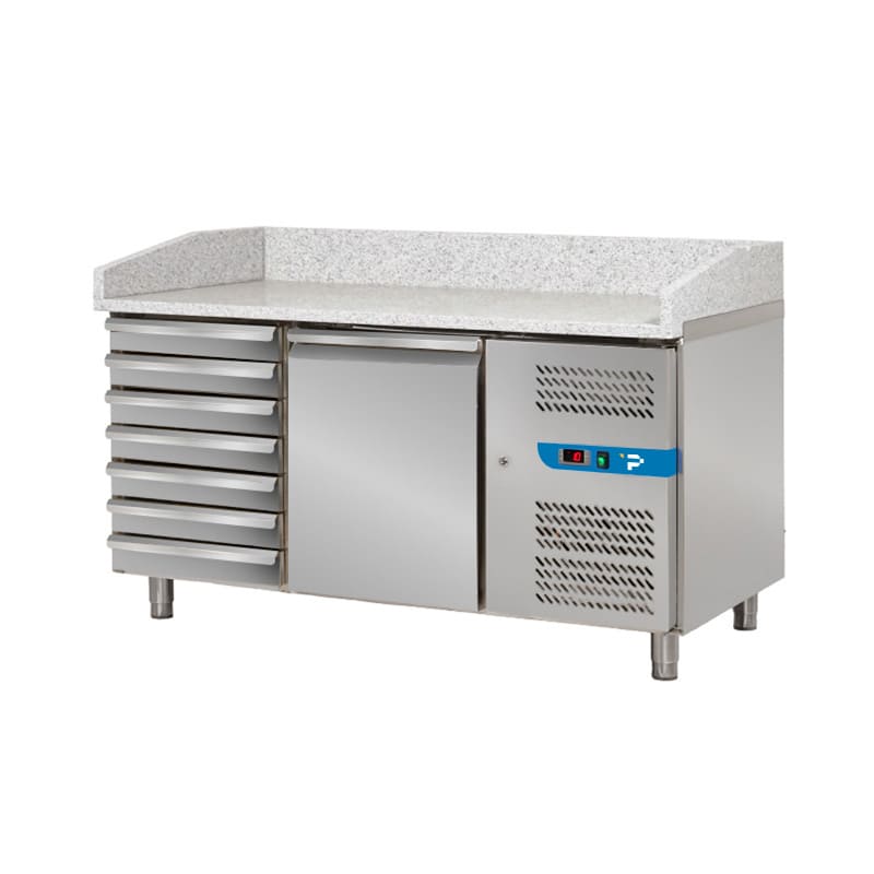 Banco pizzeria refrigerato con n&deg; 1 porta EN 60x40 + 7 cassetti senza vetrinetta portagusti