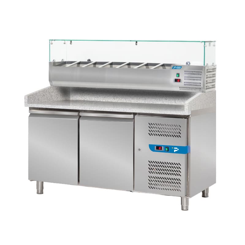 Banco pizzeria refrigerato con n&deg; 2 porte EN 60x40 e vetrinetta portagusti per 7 bacinelle GN 1/4