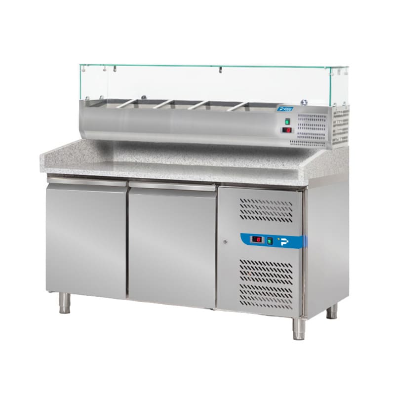 Banco pizzeria refrigerato con n&deg; 2 porte EN 60x40 e vetrinetta portagusti per 5 bacinelle GN 1/3 + 1 bacinella GN 1/2