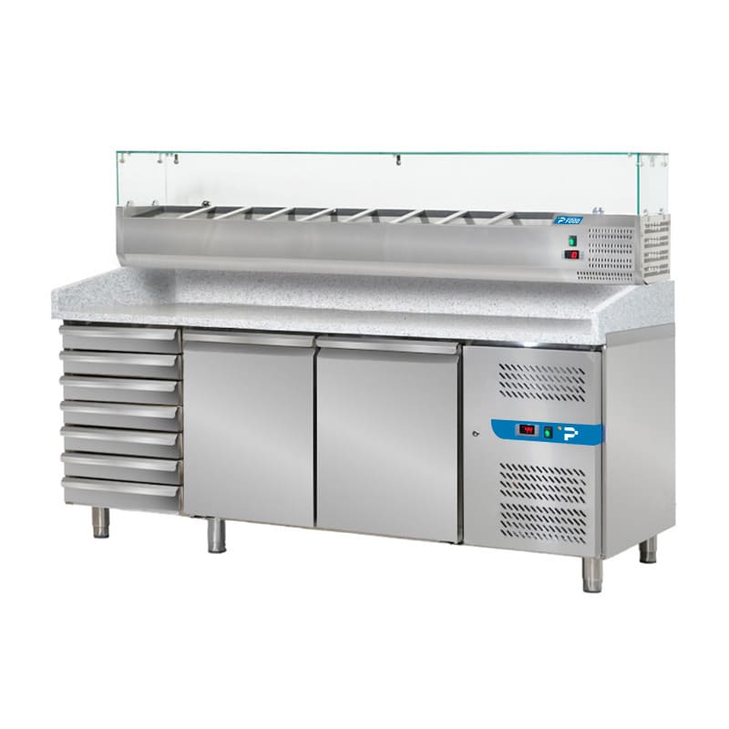 Banco pizzeria refrigerato con n&deg; 2 porte EN 60x40 + 7 cassetti e vetrinetta portagusti per 9 bacinelle GN 1/3