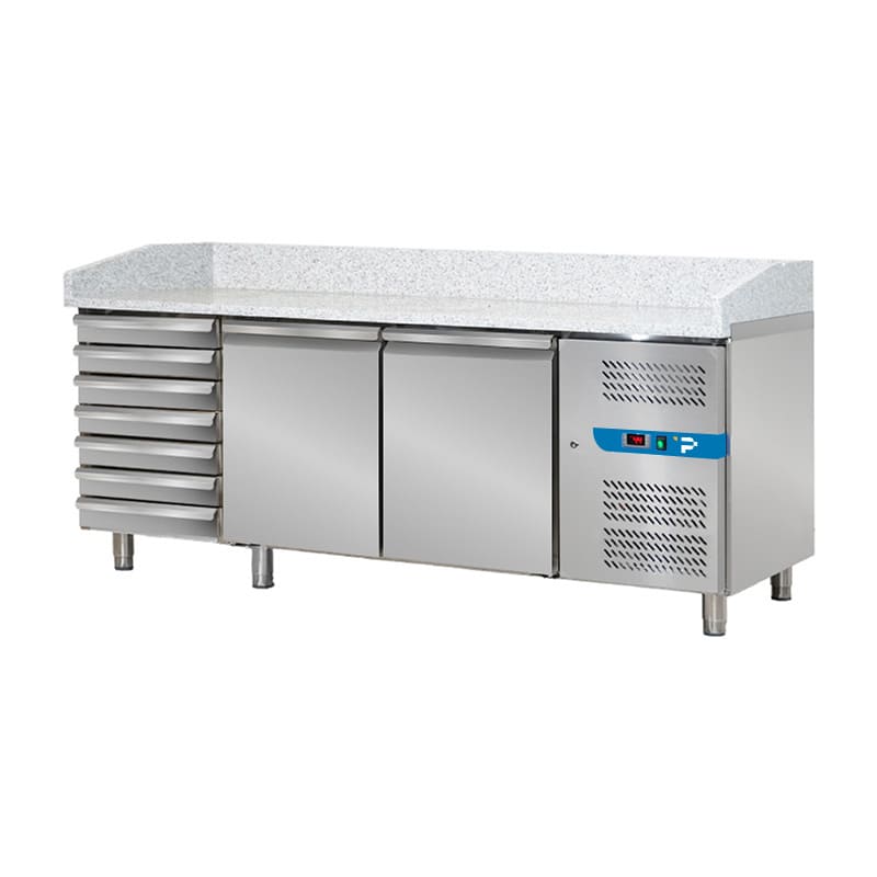 Banco pizzeria refrigerato con n&deg; 2 porte EN 60x40 + 7 cassetti senza vetrinetta portagusti