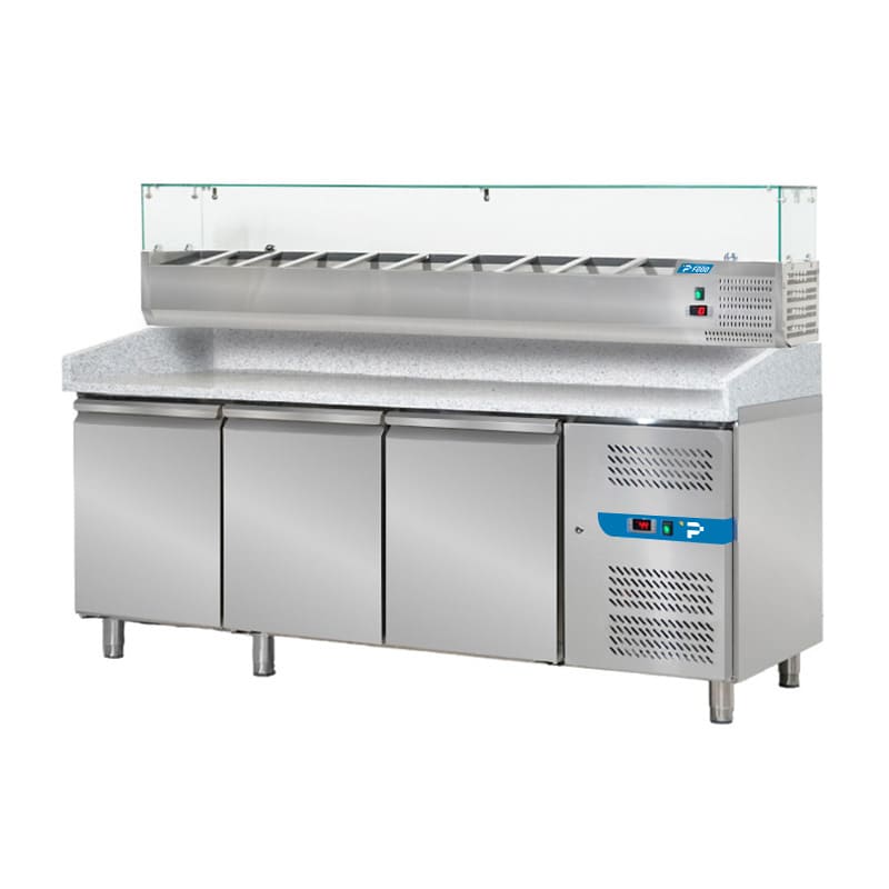 Banco pizzeria refrigerato con n&deg; 3 porte EN 60x40 e vetrinetta portagusti per 10 bacinelle GN 1/4
