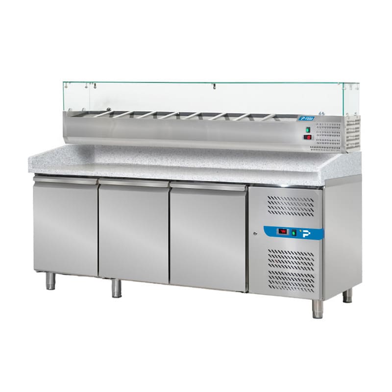 Banco pizzeria refrigerato con n&deg; 3 porte EN 60x40 e vetrinetta portagusti per 9 bacinelle GN 1/3