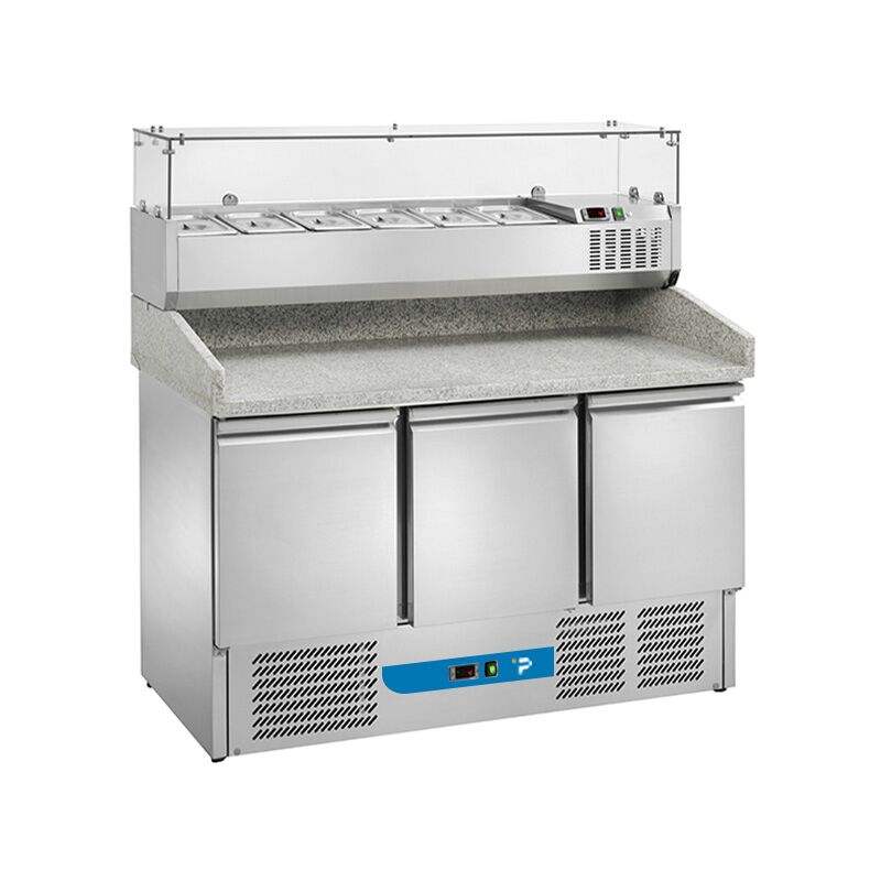 Banco pizzeria refrigerato con n&deg; 3 porte GN 1/1 e vetrinetta portagusti per 6 bacinelle GN 1/4