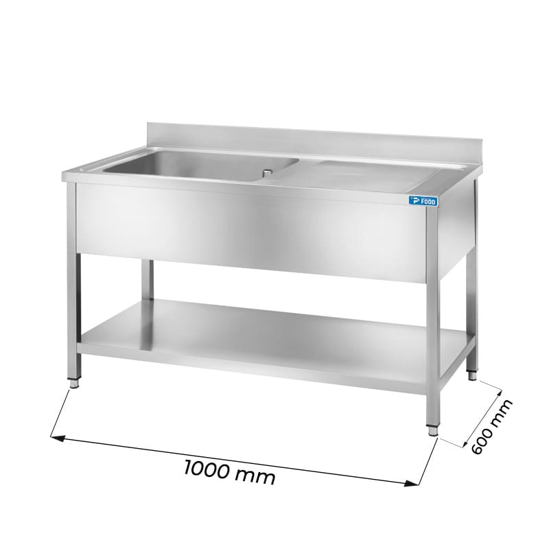 Lavello aperto in acciaio inox con 1 vasca e gocciolatoio a destra L1000xP600xH850 mm