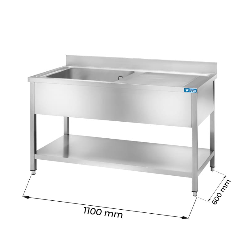 Lavello aperto in acciaio inox con 1 vasca e gocciolatoio a destra L1100xP600xH850 mm