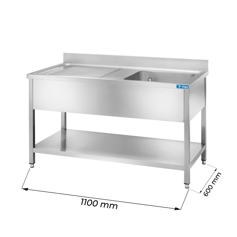 Lavello aperto in acciaio inox con 1 vasca e gocciolatoio a sinistra L1100xP600xH850 mm