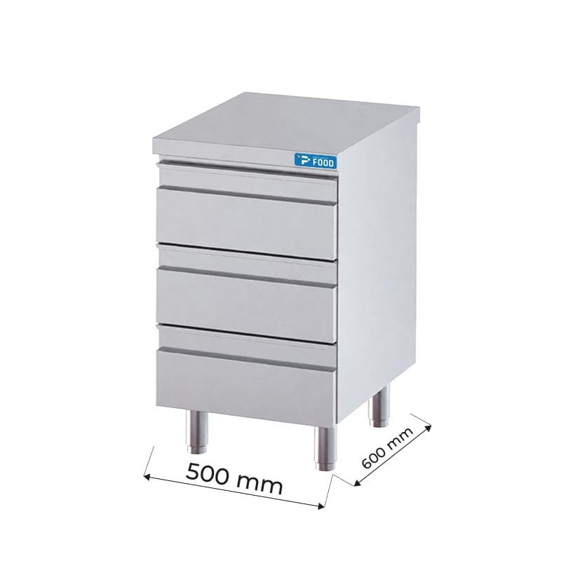 Cassettiera in acciaio inox con 3 cassetti e top di lavoro senza alzatina L500xP600xH850 mm