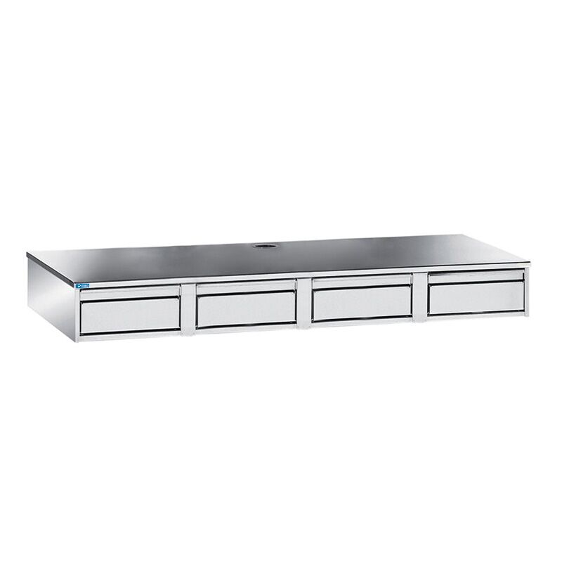 Basamento per macchina caff&egrave; in acciaio inox con tramoggia battifiltro e 3 cassetti di servizio L1700xP680xH240 mm