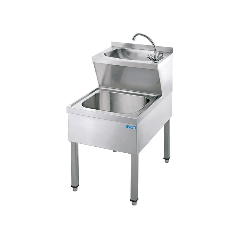 Lavamani in acciaio inox su gambe con doppia vasca L500xP700xH850 mm