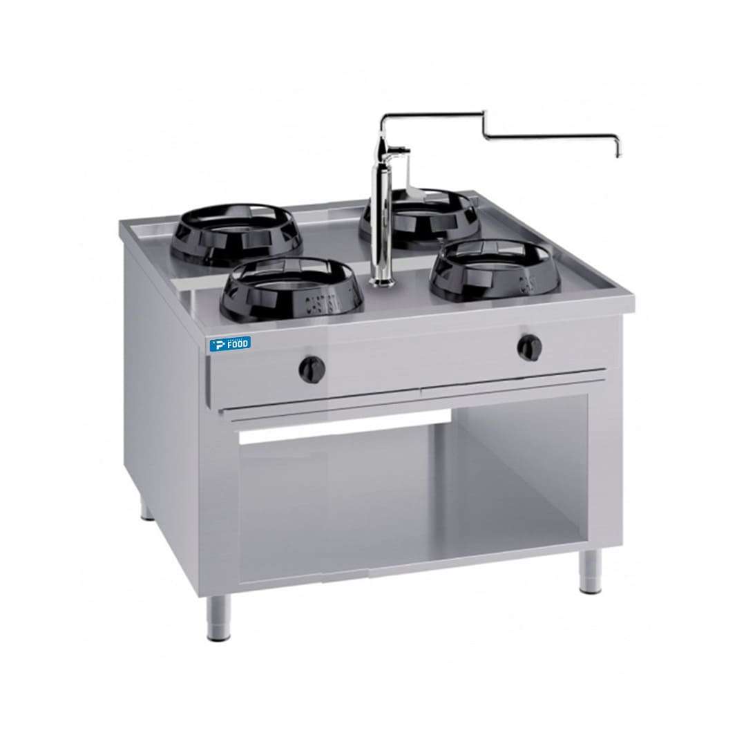 Piano cottura a gas per wok bifronte su base con n&deg;4 fuochi e colonnina acqua - lunghezza 1000 mm