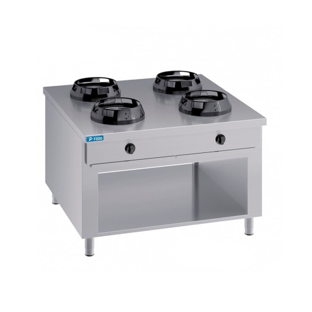 Piano cottura a gas per wok bifronte su base con n&deg;4 fuochi - lunghezza 1000 mm
