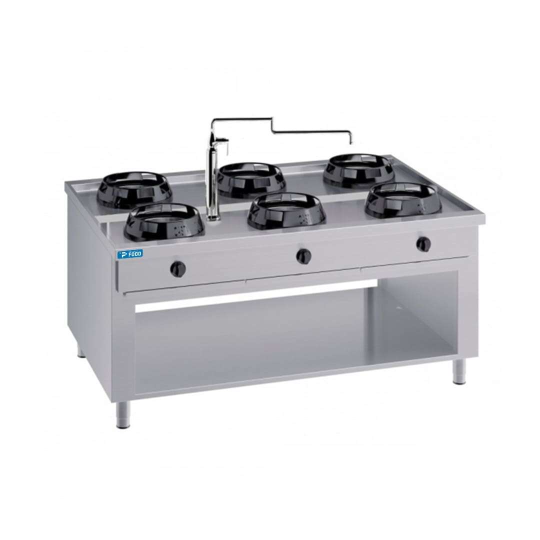 Piano cottura a gas per wok bifronte su base con n&deg;6 fuochi e colonnina acqua - lunghezza 1500 mm