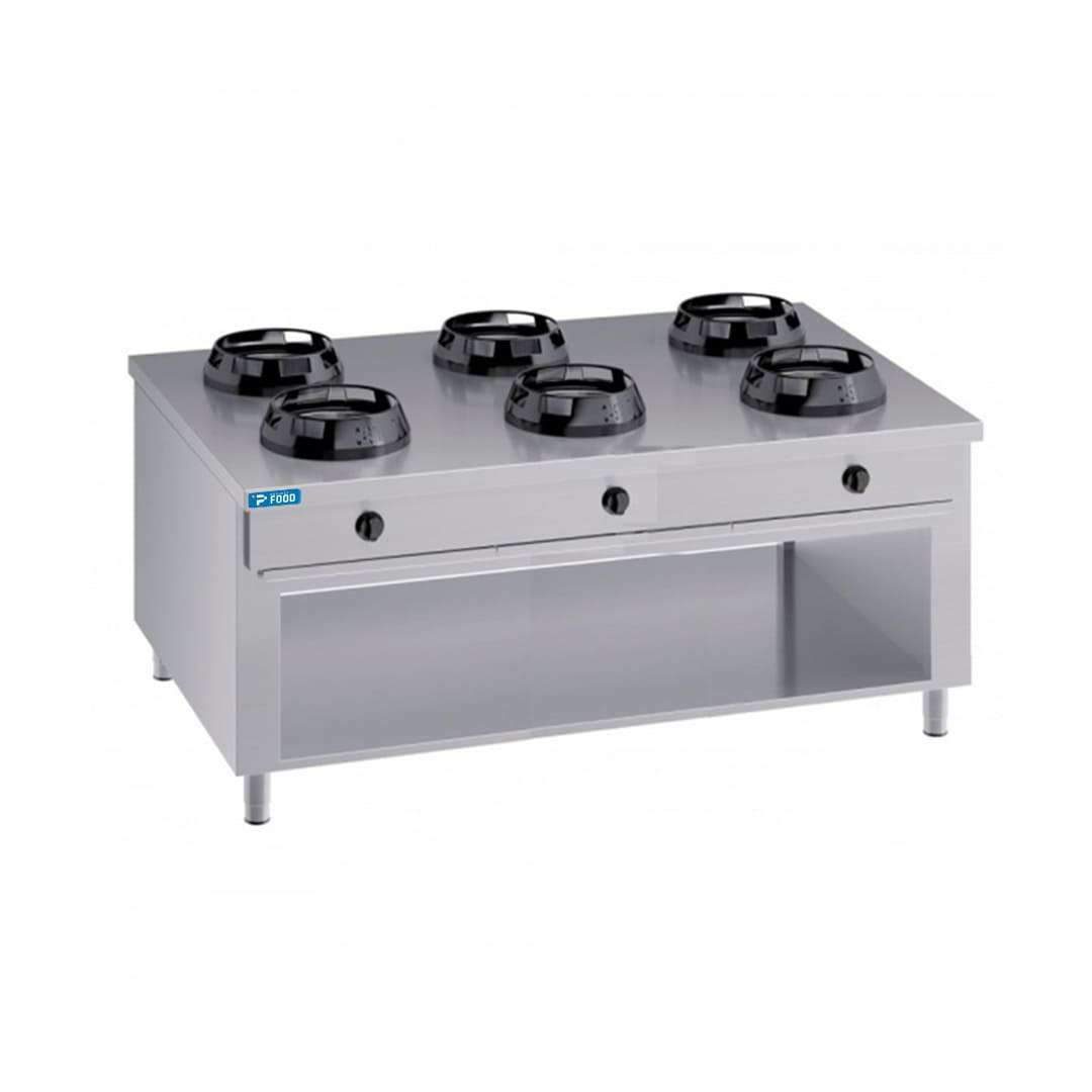 Piano cottura a gas per wok bifronte su base con n&deg;6 fuochi - lunghezza 1500 mm