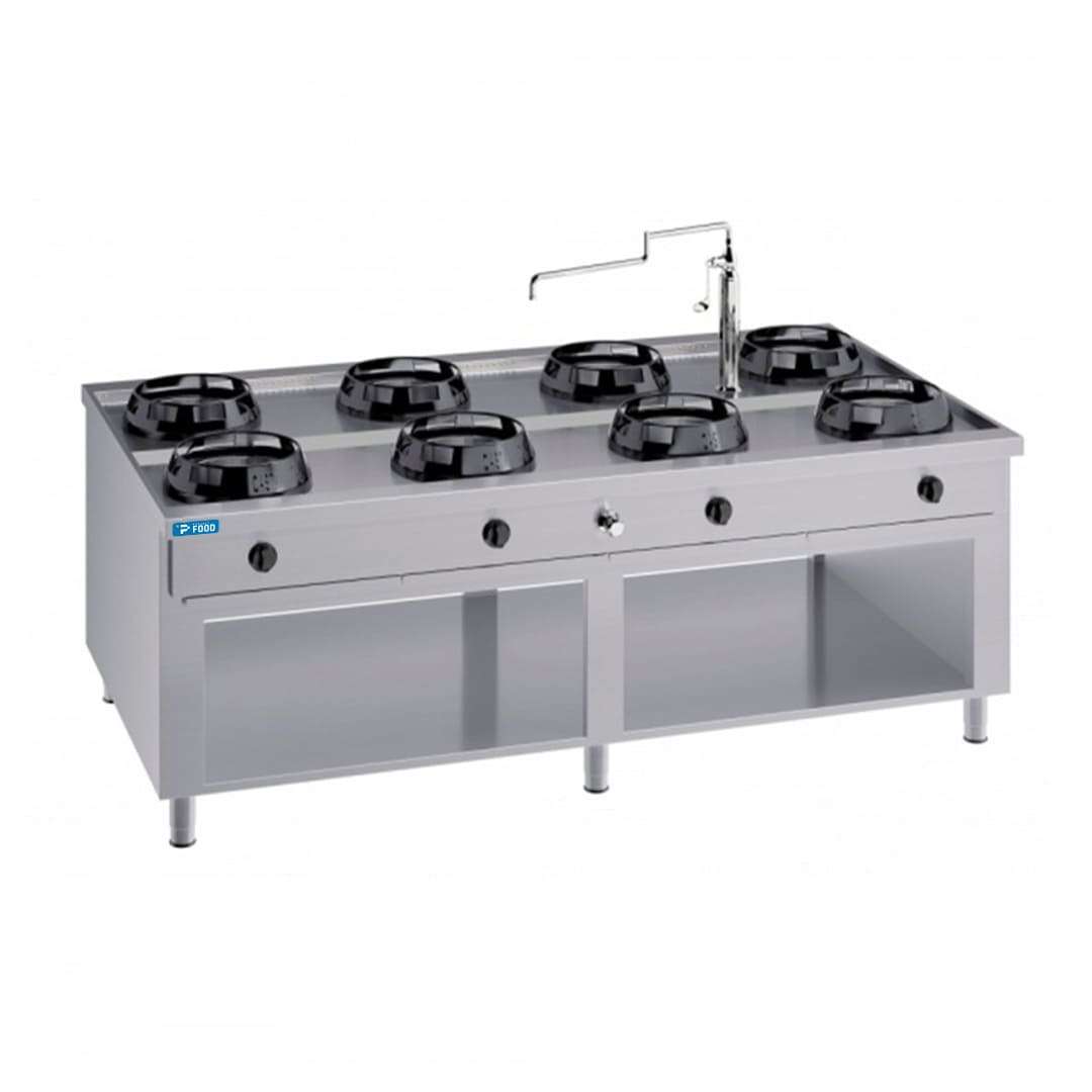 Piano cottura a gas per wok bifronte su base con n&deg;8 fuochi e colonnina acqua - lunghezza 2000 mm