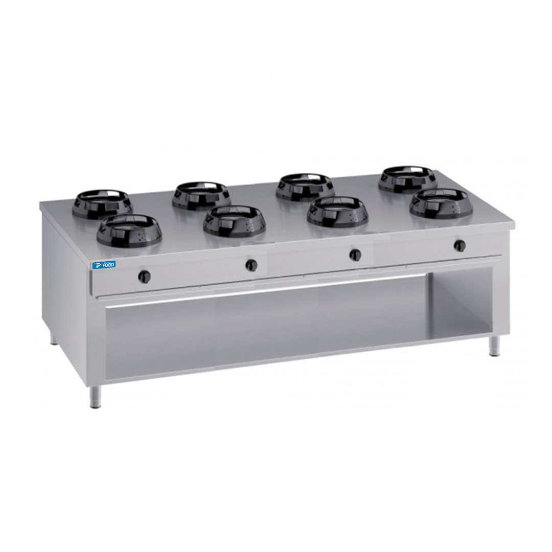 Piano cottura a gas per wok bifronte su base con n&deg;8 fuochi - lunghezza 2000 mm
