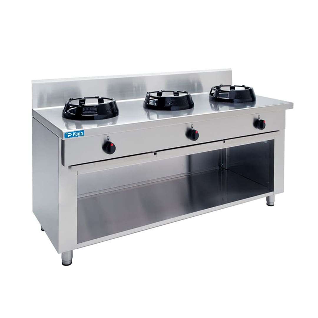 Piano cottura a gas per wok su base con n&deg;3 fuochi - lunghezza 1800 mm