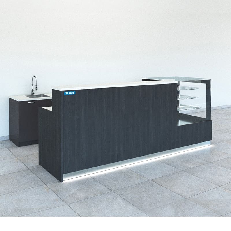 Bancone bar con vetrina espositiva L90 cm e retrobanco completo lunghezza 3 metri