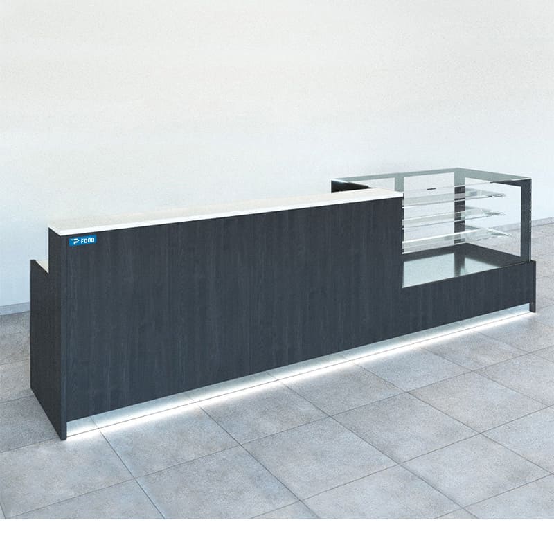 Bancone bar con vano refrigerato a 3 sportelli e vetrina L150 cm lunghezza 4 metri