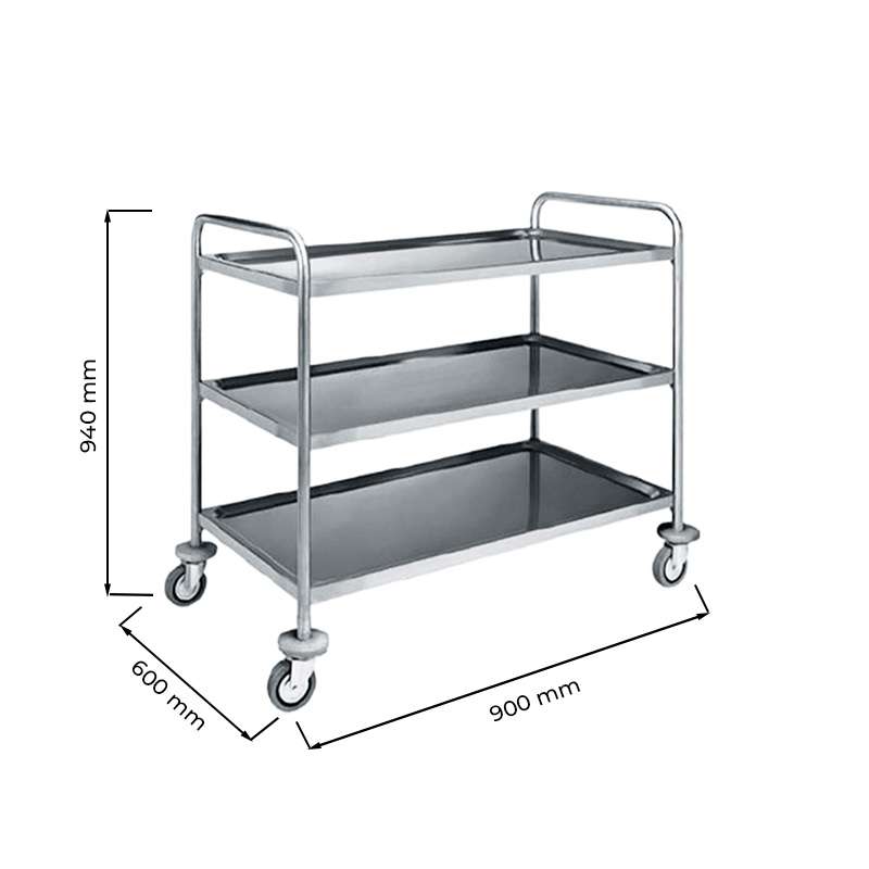 Carrello di servizio in acciaio inox con 3 piani &ndash; L900xP600xH1040 mm