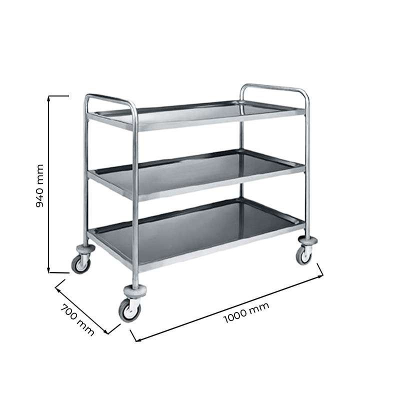 Carrello di servizio in acciaio inox con 3 piani &ndash; L1000xP700xH1040 mm