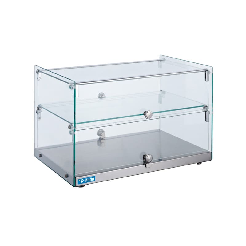 Vetrina neutra da banco L 55 cm con 2 ripiani in acciaio inox e vetri dritti