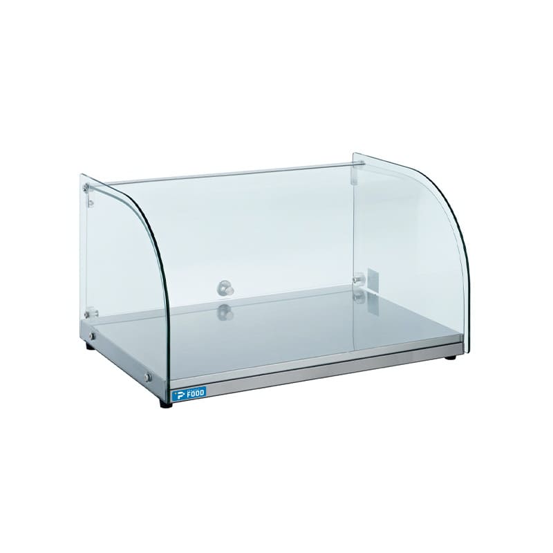Vetrina neutra da banco L 55 cm con 1 ripiano in acciaio inox e vetri curvi