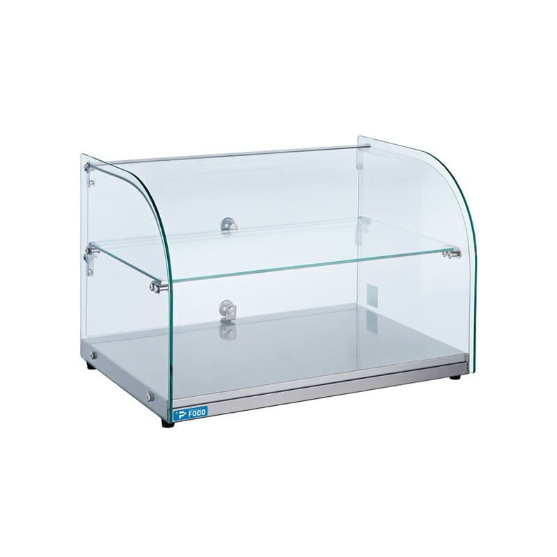 Vetrina neutra da banco L 55 cm con 2 ripiani in acciaio inox e vetri curvi