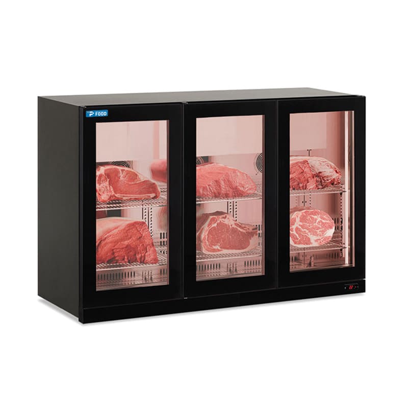 Pensile refrigerato nero per carne con 3 porte battenti, altezza 85 cm - temp da -2&deg;C a +10&deg;C