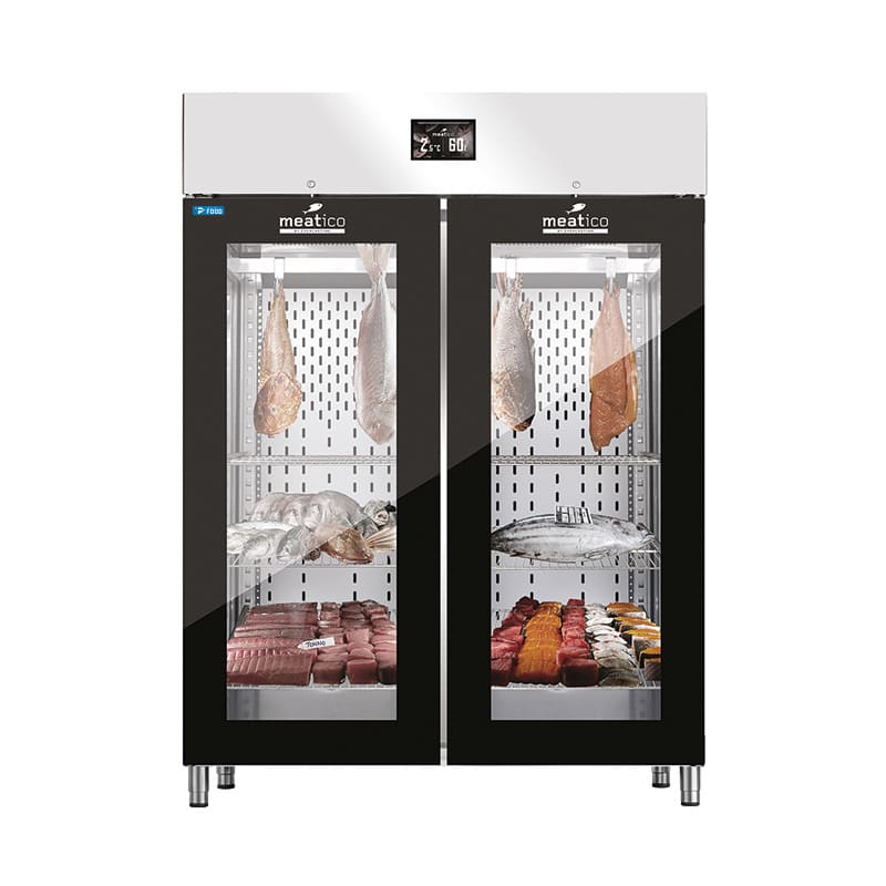 Armadio per frollatura pesce 1365 lt con 2 porte full glass nero serigrafato