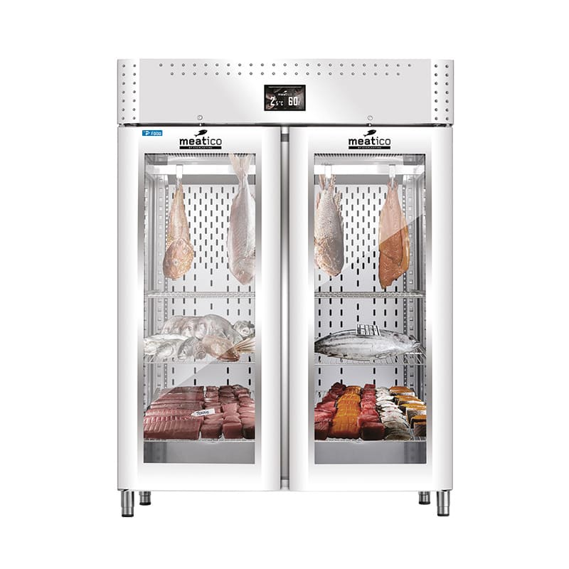 Armadio per frollatura pesce 1365 lt finitura inox lucido a specchio con 2 porte vetro