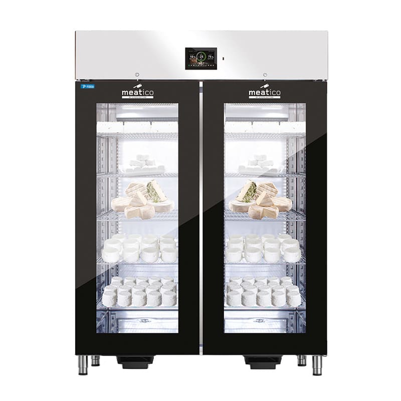 Armadio stagionatore 1365 lt per formaggi con 2 porte full glass nero serigrafato