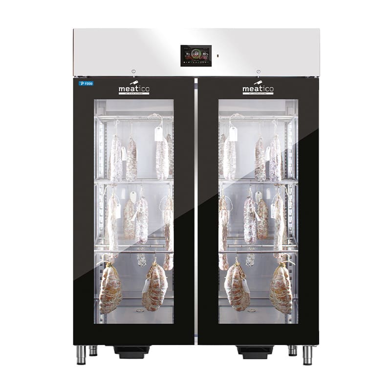 Armadio stagionatore 1365 lt per salumi con 2 porte full glass nero serigrafato