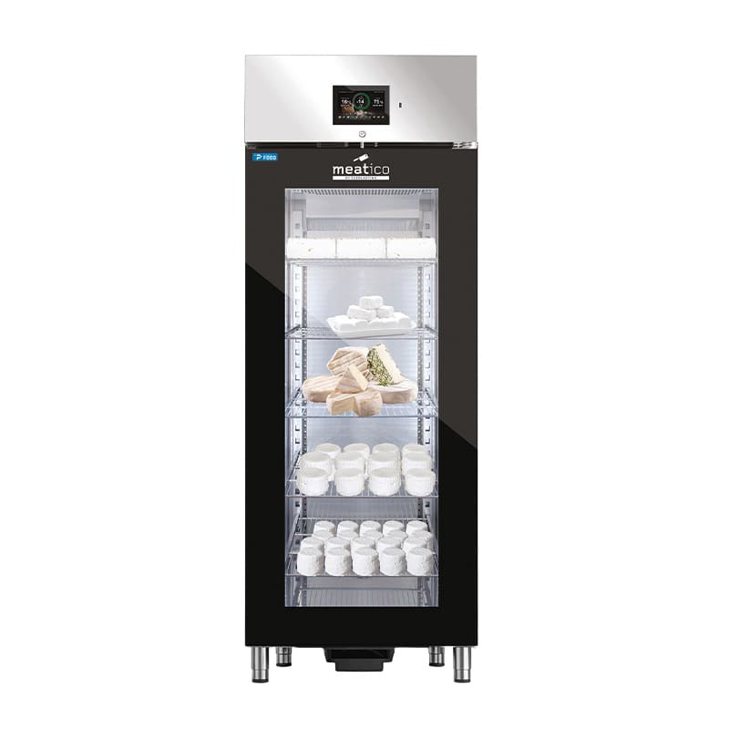 Armadio stagionatore 625 lt per formaggi con porta full glass nero serigrafato