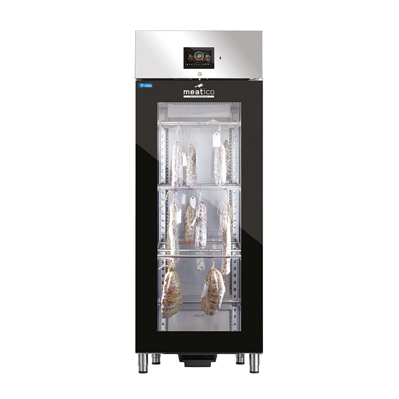 Armadio stagionatore 625 lt per salumi con porta full glass nero serigrafato