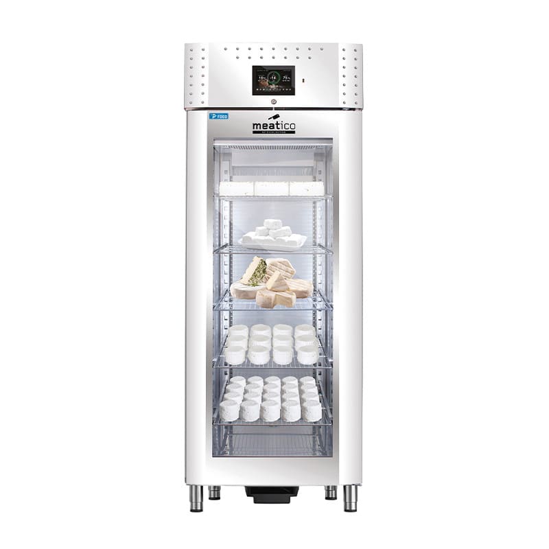 Armadio stagionatore 625 lt per formaggi con finitura inox lucido specchio con porta vetro