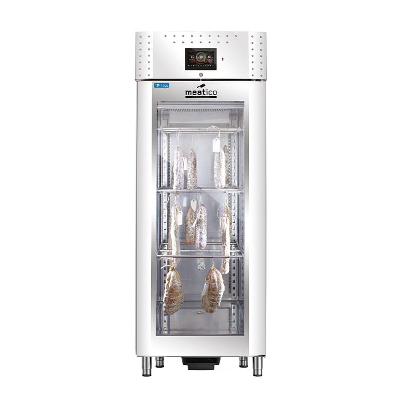 Armadio stagionatore 625 lt per salumi con finitura inox lucido specchio con porta vetro