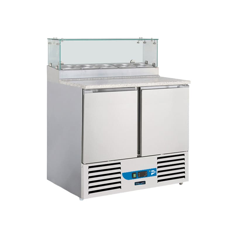 Saladette a refrigerazione statica con n&deg;2 porte e piano in granito + alzata in vetro - temp da +2&deg;C a +8&deg;C