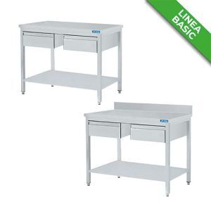 TAVOLI INOX CON RIPIANO E CASSETTI ORIZZONTALI