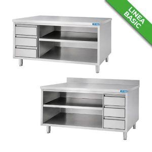 TAVOLI INOX A GIORNO CON CASSETTI VERTICALI