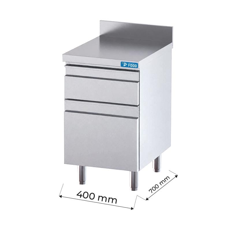 Cassettiera in acciaio inox con 1 cassetto + 1 cassetto per bottiglie e top di lavoro con alzatina L400xP700xH850 mm