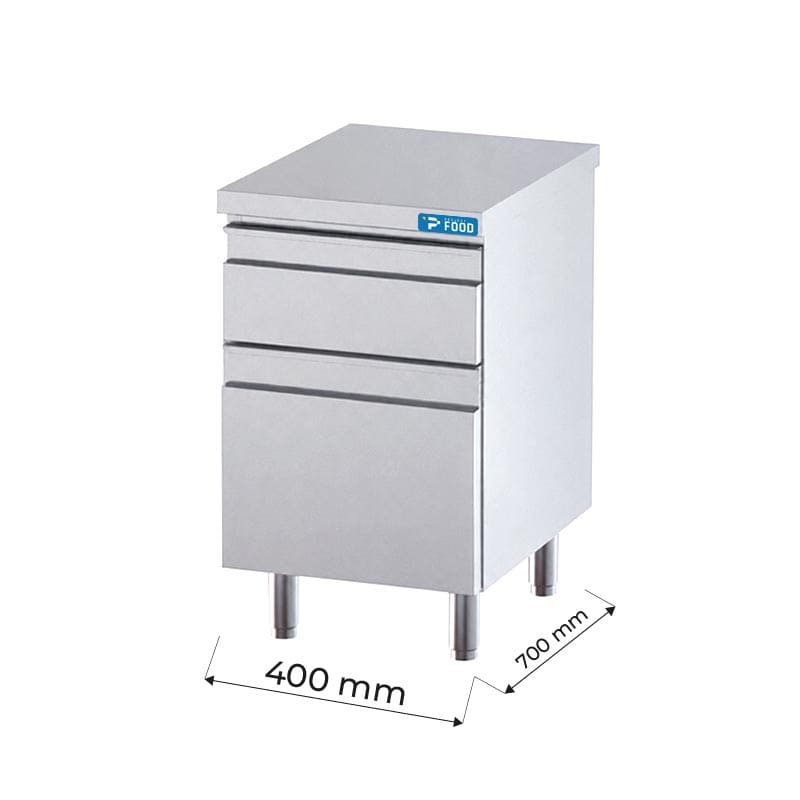 Cassettiera in acciaio inox con 1 cassetto + 1 cassetto per bottiglie e top di lavoro senza alzatina L400xP700xH850 mm