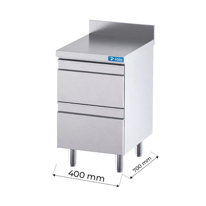 Cassettiera in acciaio inox con 2 cassetti e top di lavoro con alzatina L400xP700xH850 mm