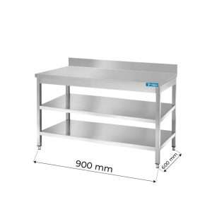 Tavolo aperto in acciaio inox con 2 ripiani con alzatina L900xP600xH850 mm