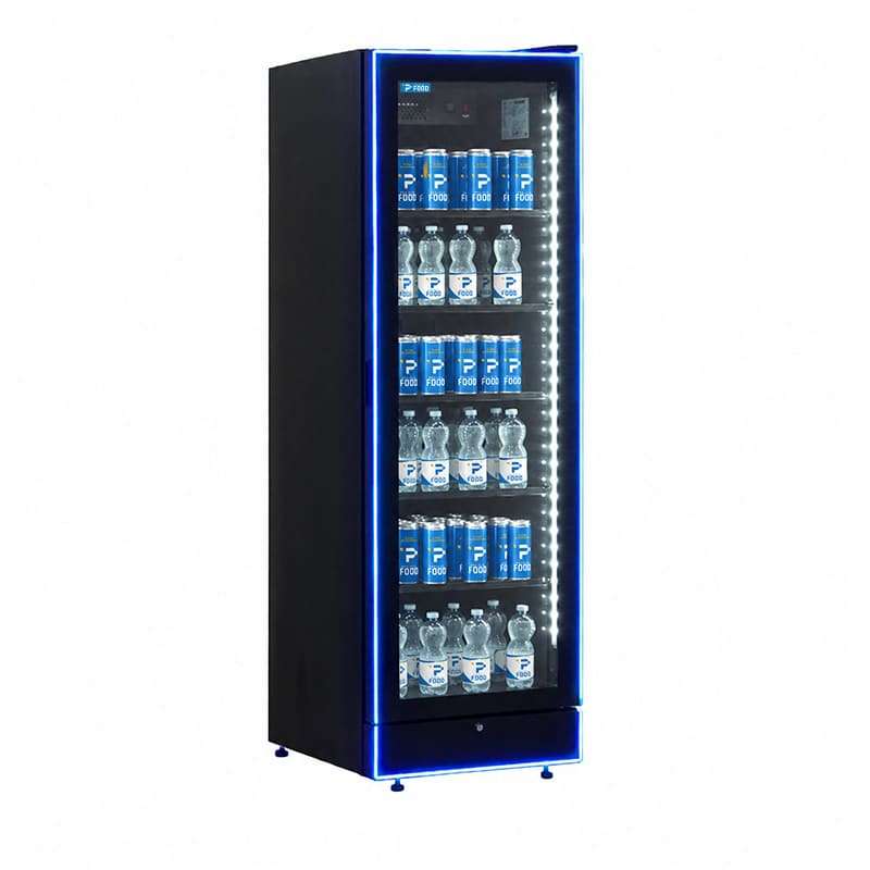 Vetrinetta frigo bibite da 378 lt nera con cornice a led blu temperatura da 0&deg;C a +7&deg;C